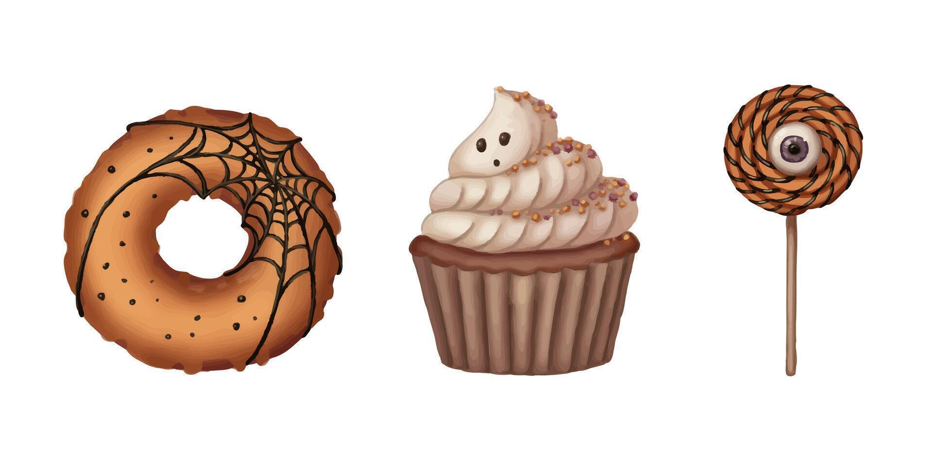 Halloween candy set with ghost cupcake and lollipop with eye in cartoon style. Hand drawn trick-or-treat sweets. Isolated drawing perfect for autumn graphic and spooky season card designs. vector
