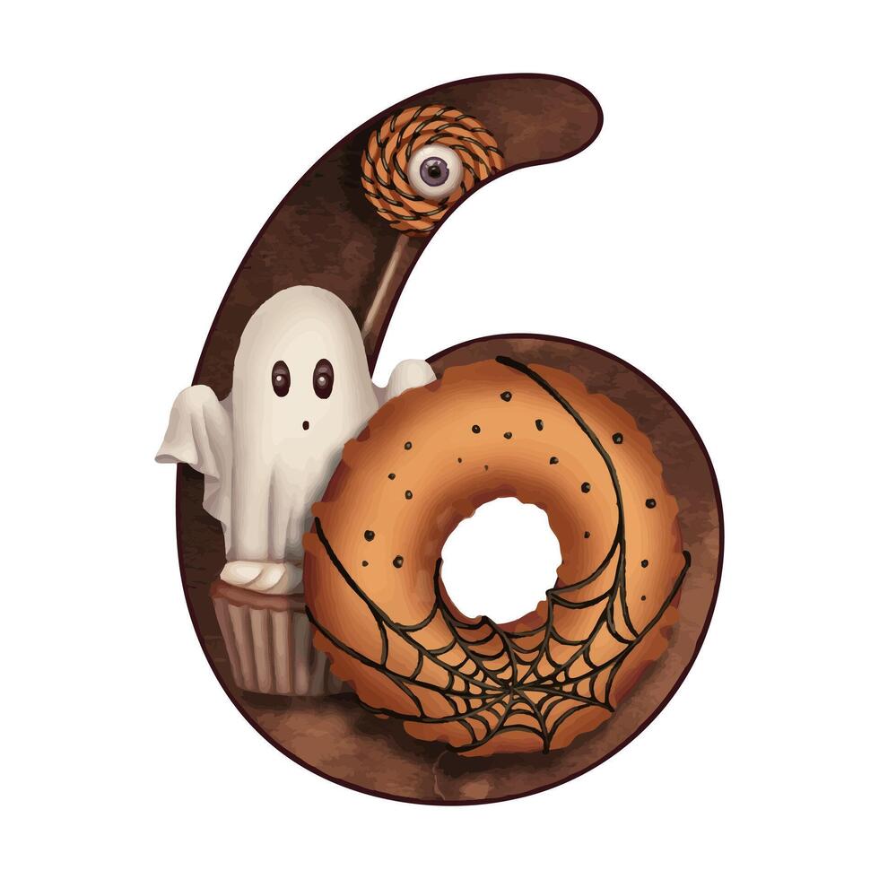 Number six Halloween candy illustration with trick or treat in cartoon style. Hand drawn dark brown digit 6. Isolated drawing perfect for autumn font graphic and spooky season card designs. vector