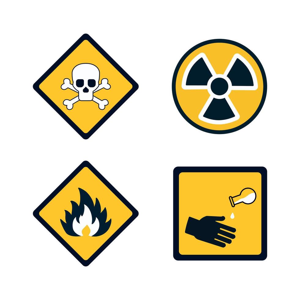 Danger or Warning signs collection. Isolated on white background. Caution illustration. Radiation, Chemical hazard warning sign. Corrosive symbol vector