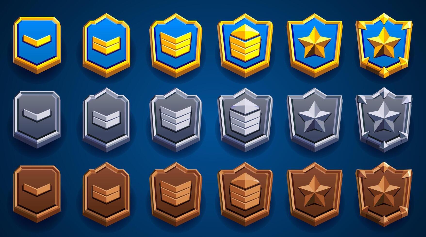 Clash royale rank level badge set. Illustration of shield emblem decorated with stars. Different shapes. Blue, woody, brown, golden, silvered, bronze, wood. Achievements award. vector