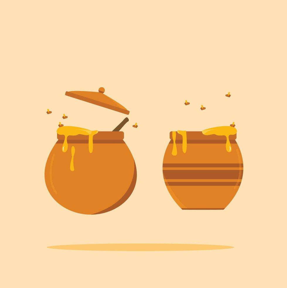 honey pot logo with dripping honey surrounded by bees, healthy food illustration. suitable for posters and web icons vector