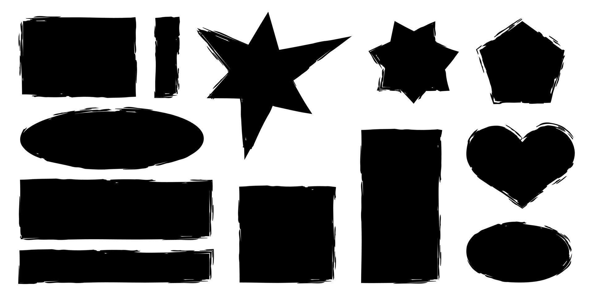 Set of grunge geometric shapes with jagged edges. Rectangle, circle, square stickers drawn with brush. Heart with rough borders vector