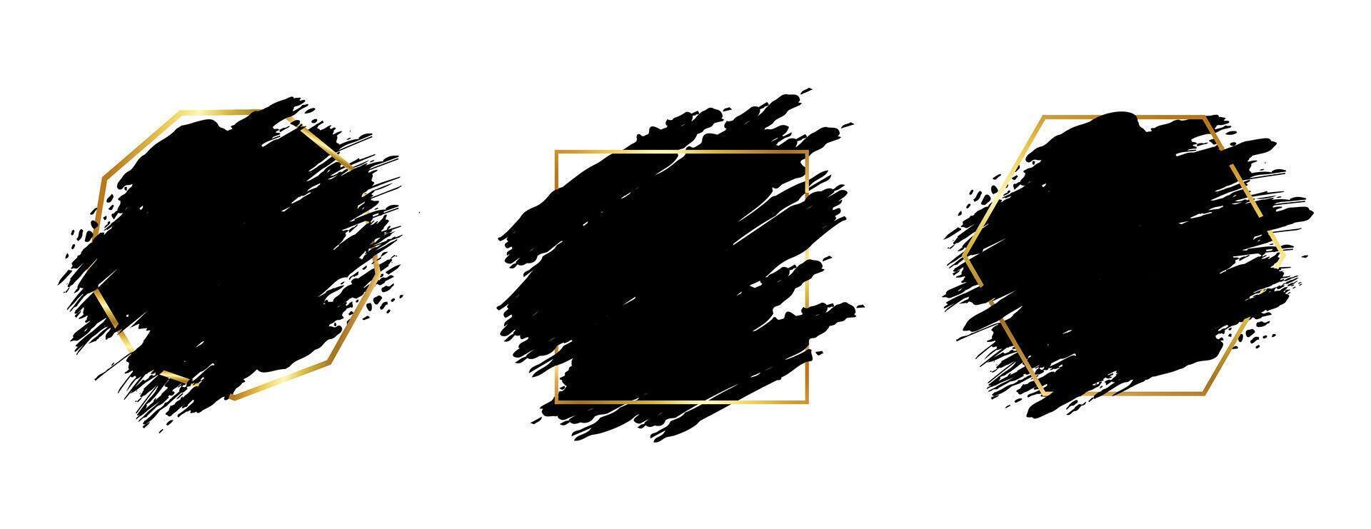 Golden thin frame with black brush masks. Set of grunge backgrounds with aesthetic border vector
