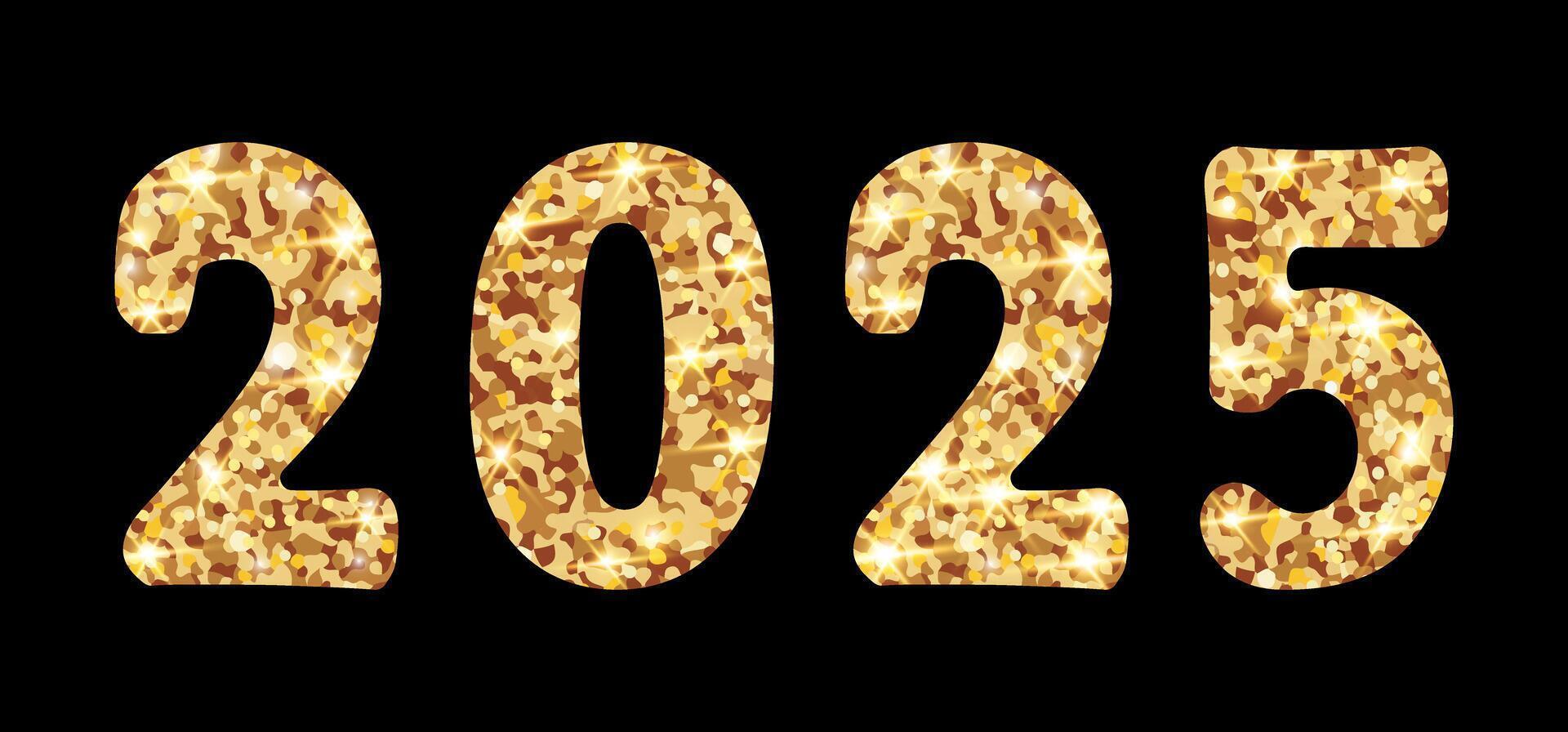 Golden numbers 2025 on black background. New Year sign made of glitter. vector