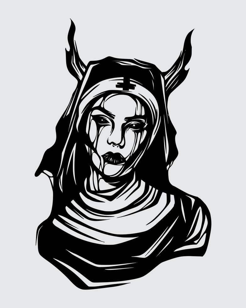 Nun with horn illustration clip art sticker tattoo t shirt design element print art editable vector