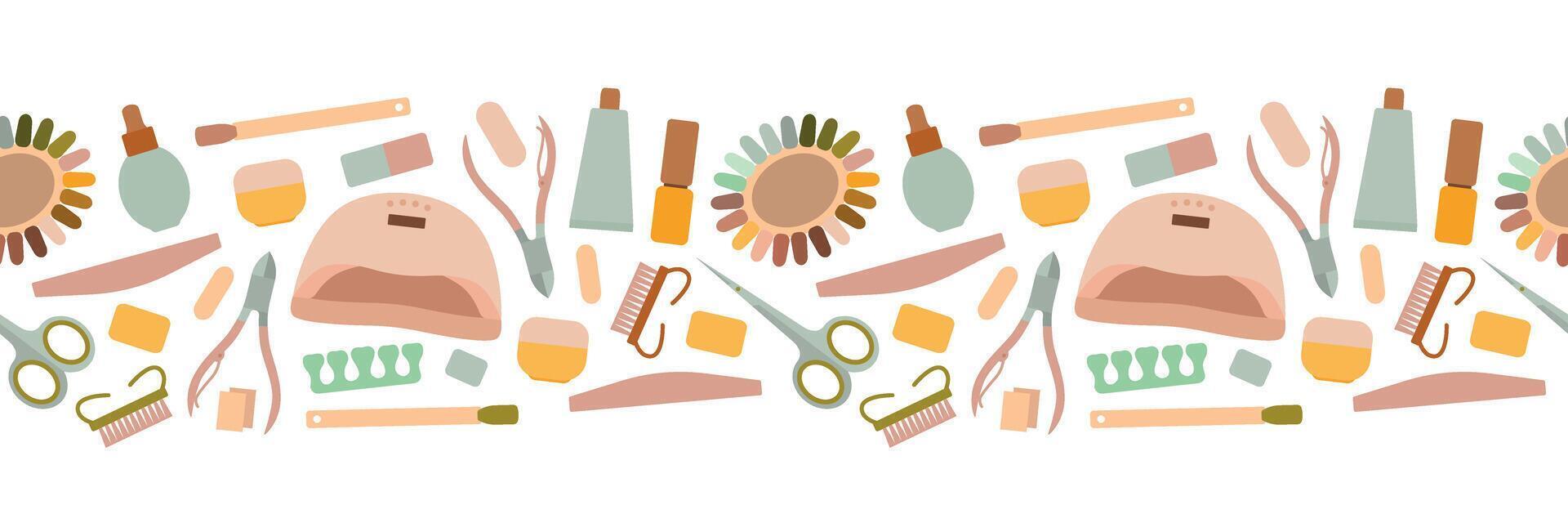 Manicure tool seamless border. Nail dryer, gel polish, shellac, nail file, scissors and other elements. Isolated illustration for your design vector