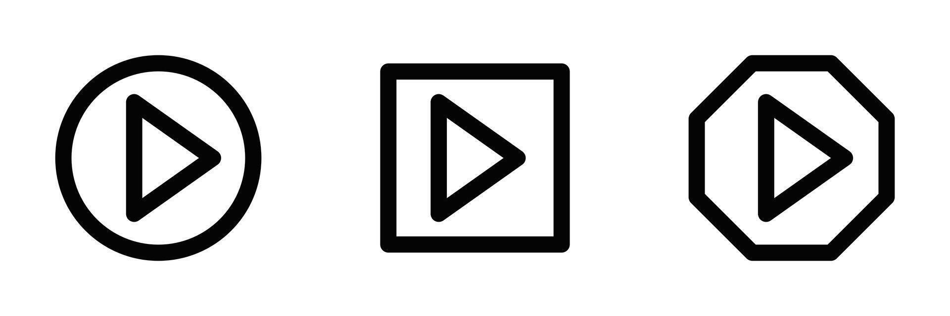 Illustration of three play button icons in different shapes, perfect for media and user interface designs. Editable stroke. vector