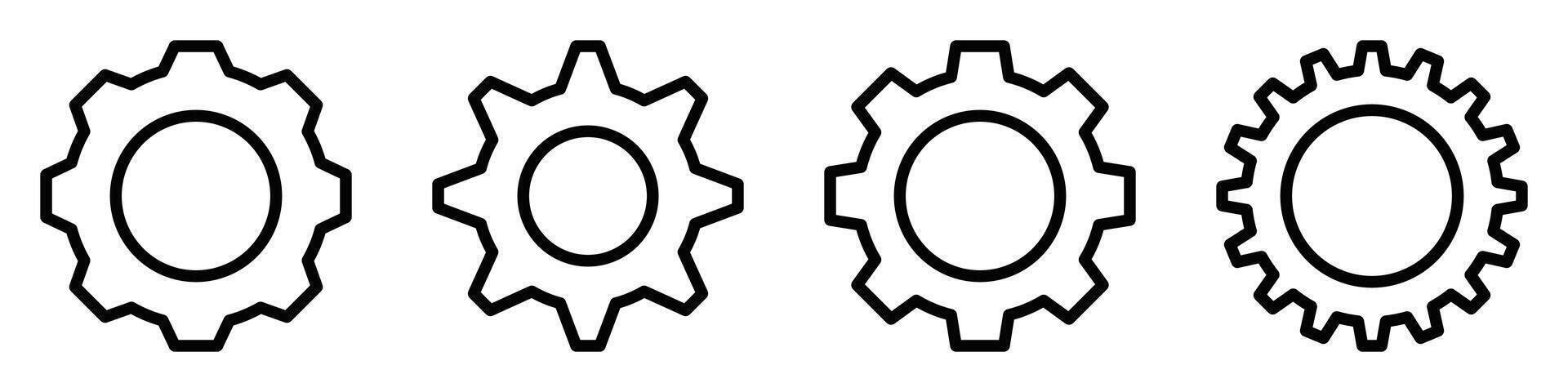 Set of illustrations of gear icons in various black and white designs. Editable stroke. vector