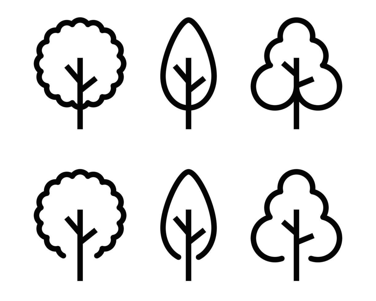 Set of illustrations of trees in various simple black and white designs. Editable stroke. vector