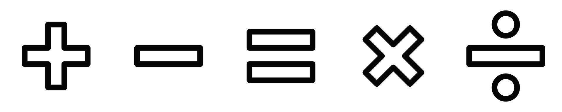 Icon set featuring mathematical symbols for addition, subtraction, multiplication, division, and equals, in a clear black and white style. Editable stroke. vector