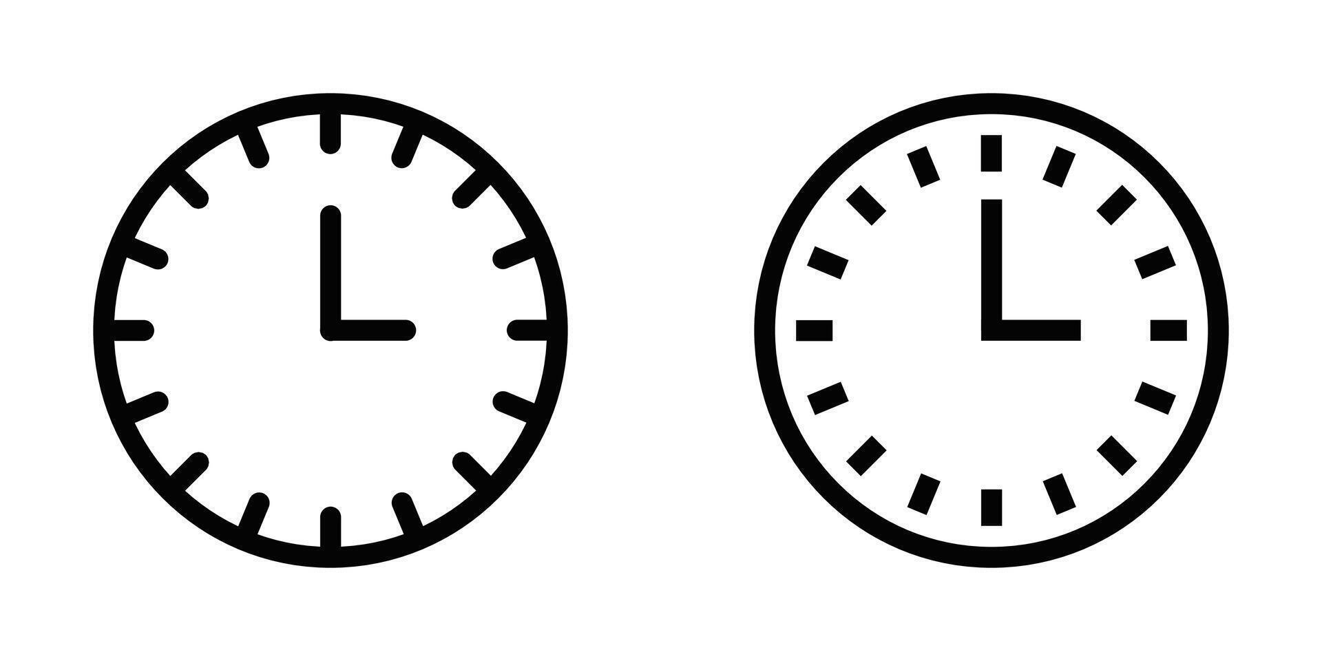 Illustrations of clock icons in different simple black and white designs. Editable stroke. vector