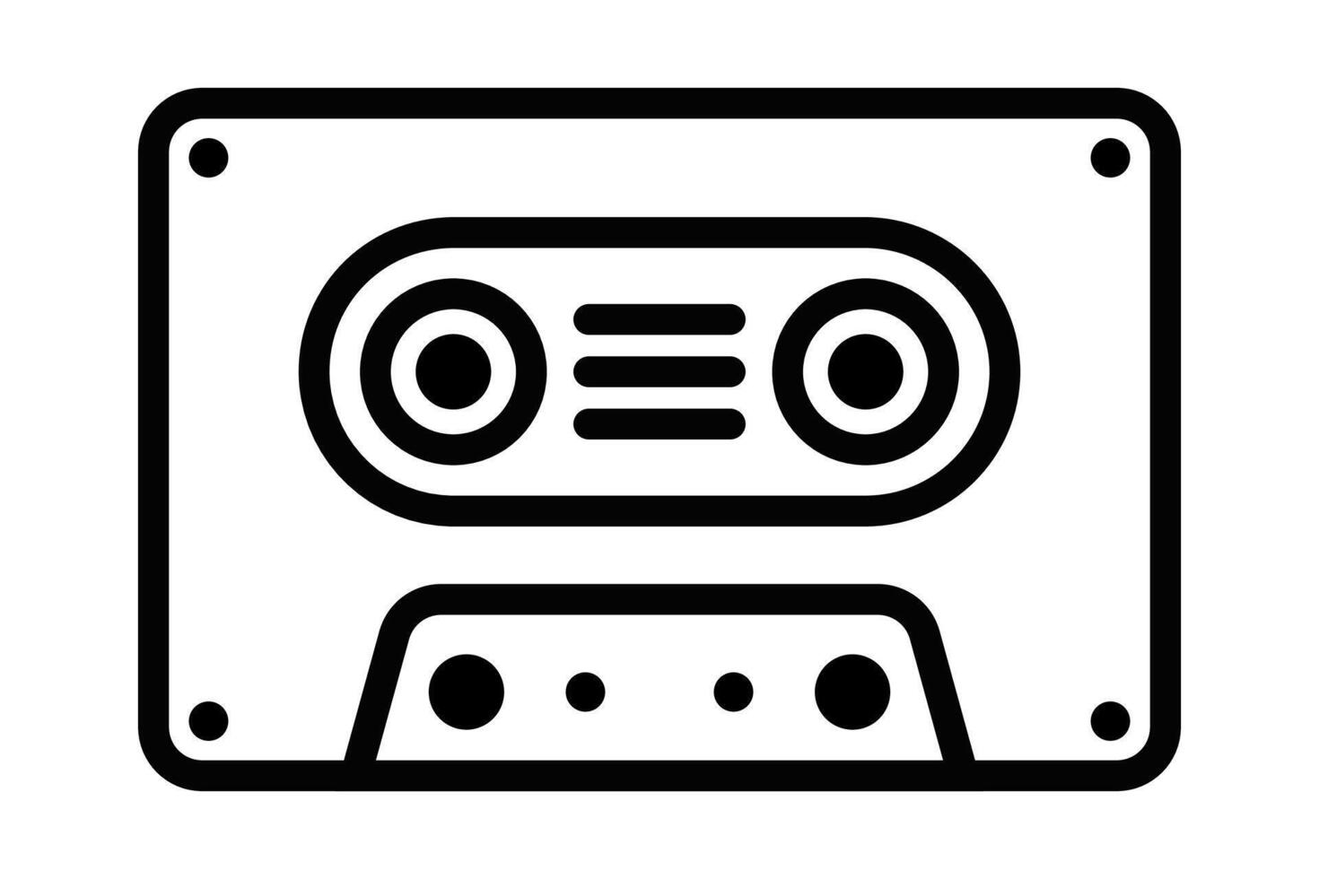 Icon of a classic cassette tape, rendered in a simple black and white style, perfect for retro music themes. Editable stroke. vector