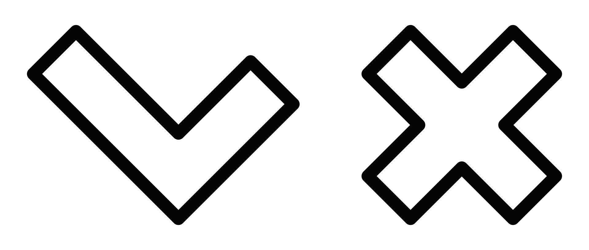 Icons of a check mark and a cross mark, perfect for feedback and validation themes, in a clean black and white design. Editable stroke. vector