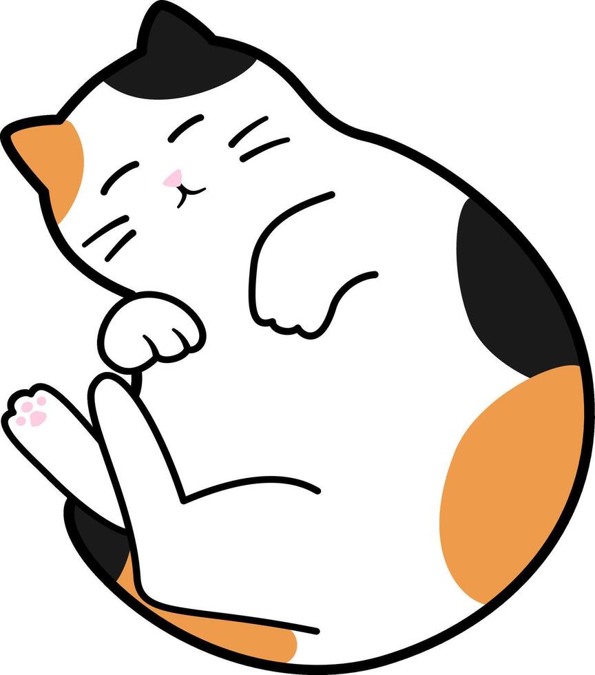 A fat calico cat curls up and sleeps peacefully, enjoying the tranquility, white background, cartoon style. vector