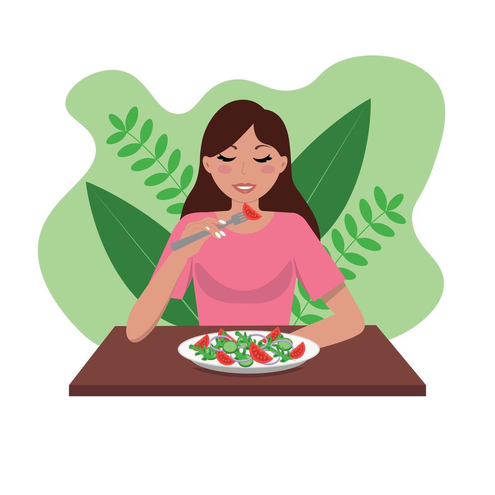 Vegetarian girl eats vegetable salad at the table vector