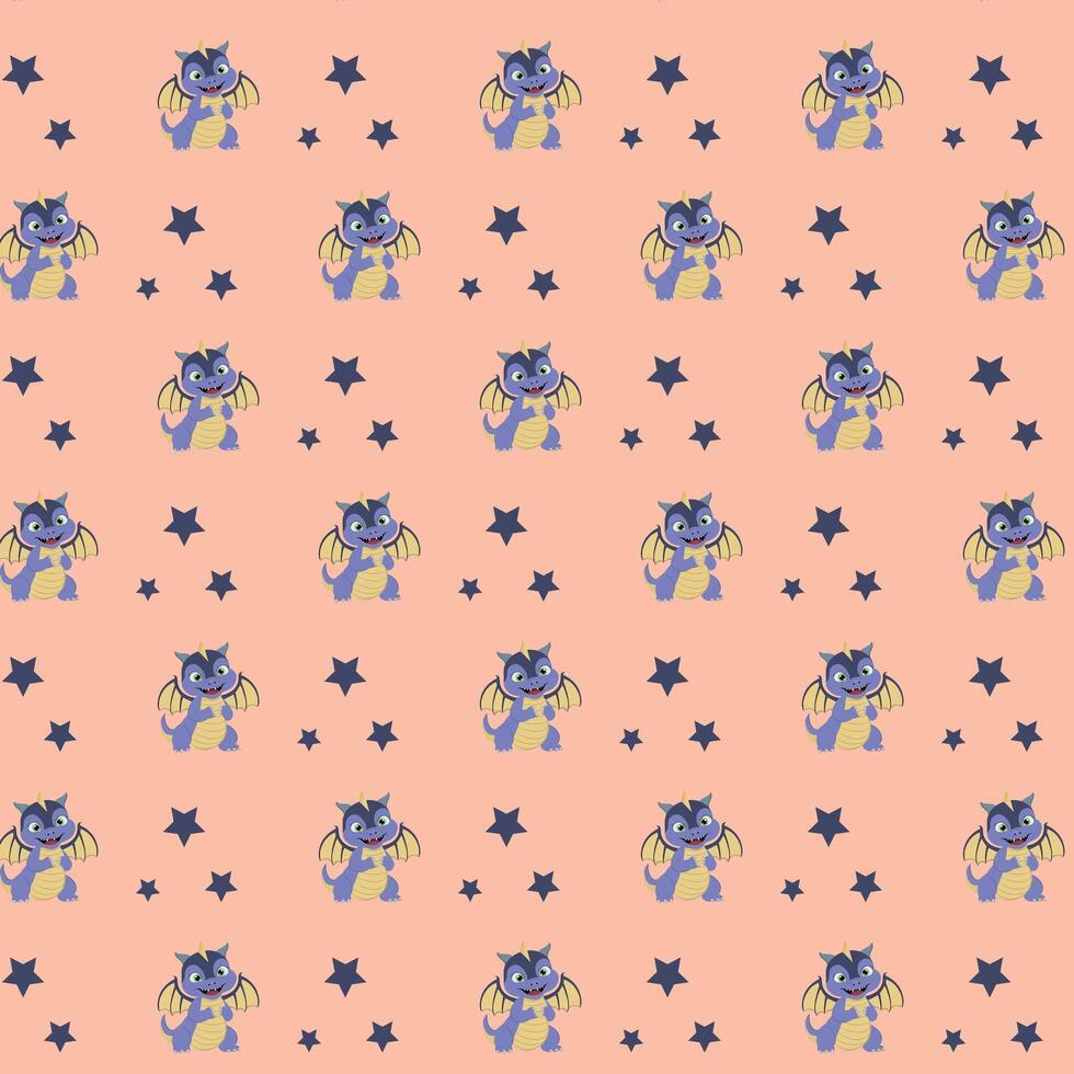 Seamless repeating pattern of dragons and stars. vector