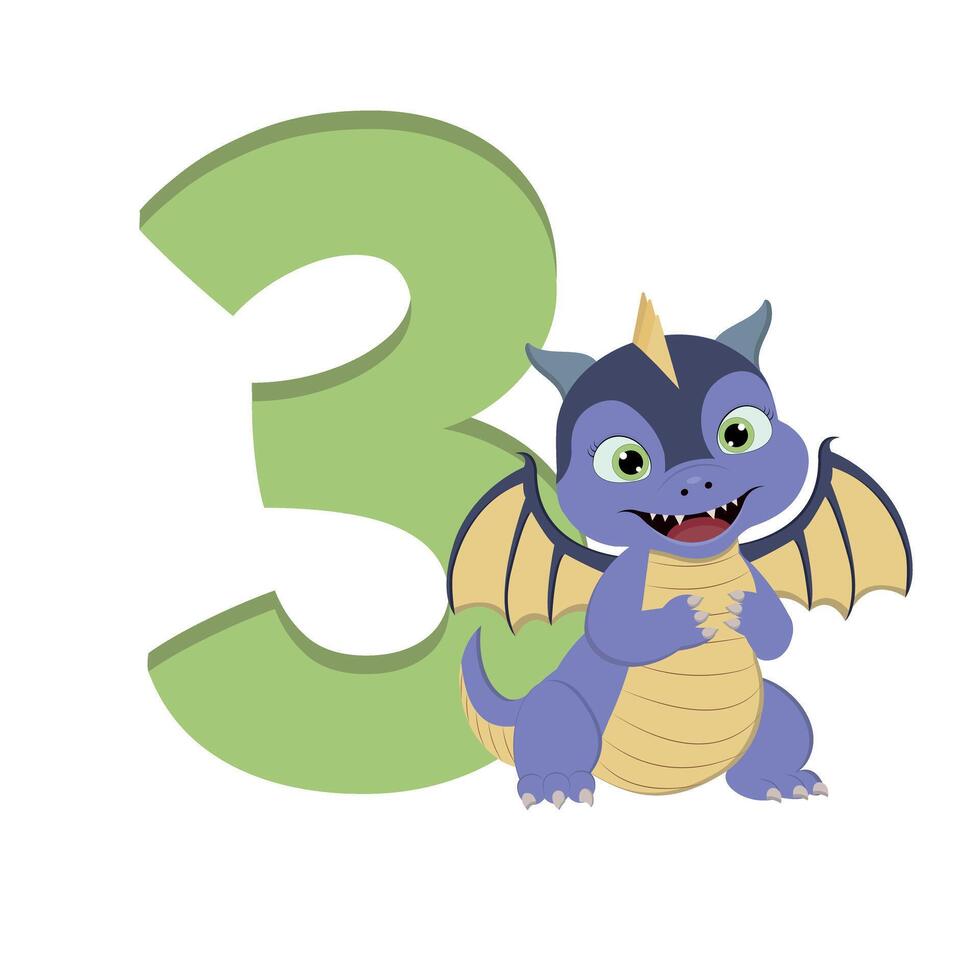 Cute cartoon dragon with number 3 for birthday. vector
