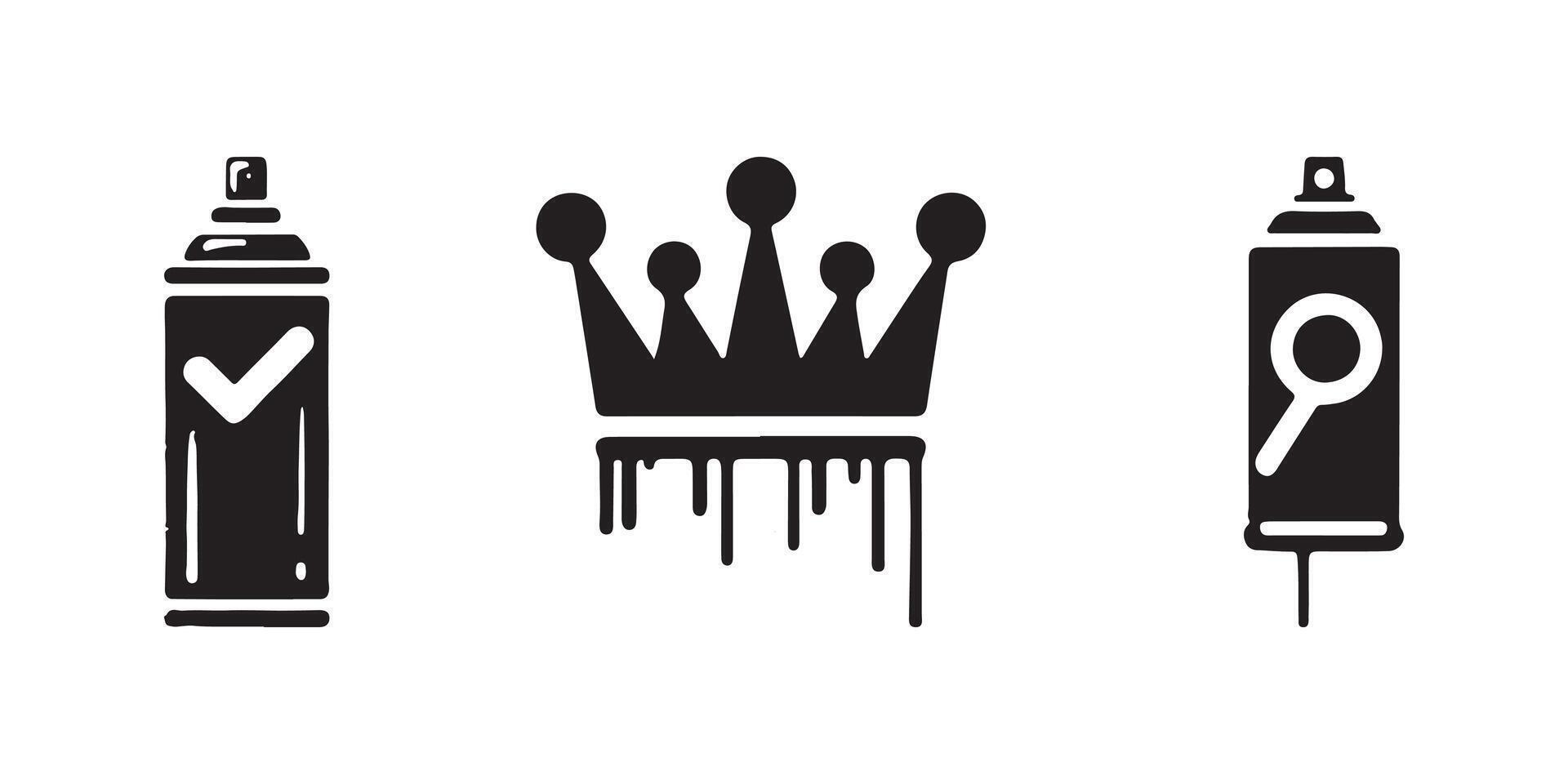 Spray-painted black graffiti with hand-drawn, grunge components that drip. Icons for a heart, crown, checkmark, and smiling are spray brush textures. Stylish urban image of symbols from street art vector