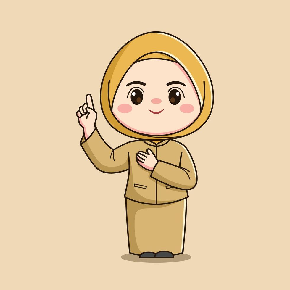 cute hijab teacher character with one hand pointing up vector