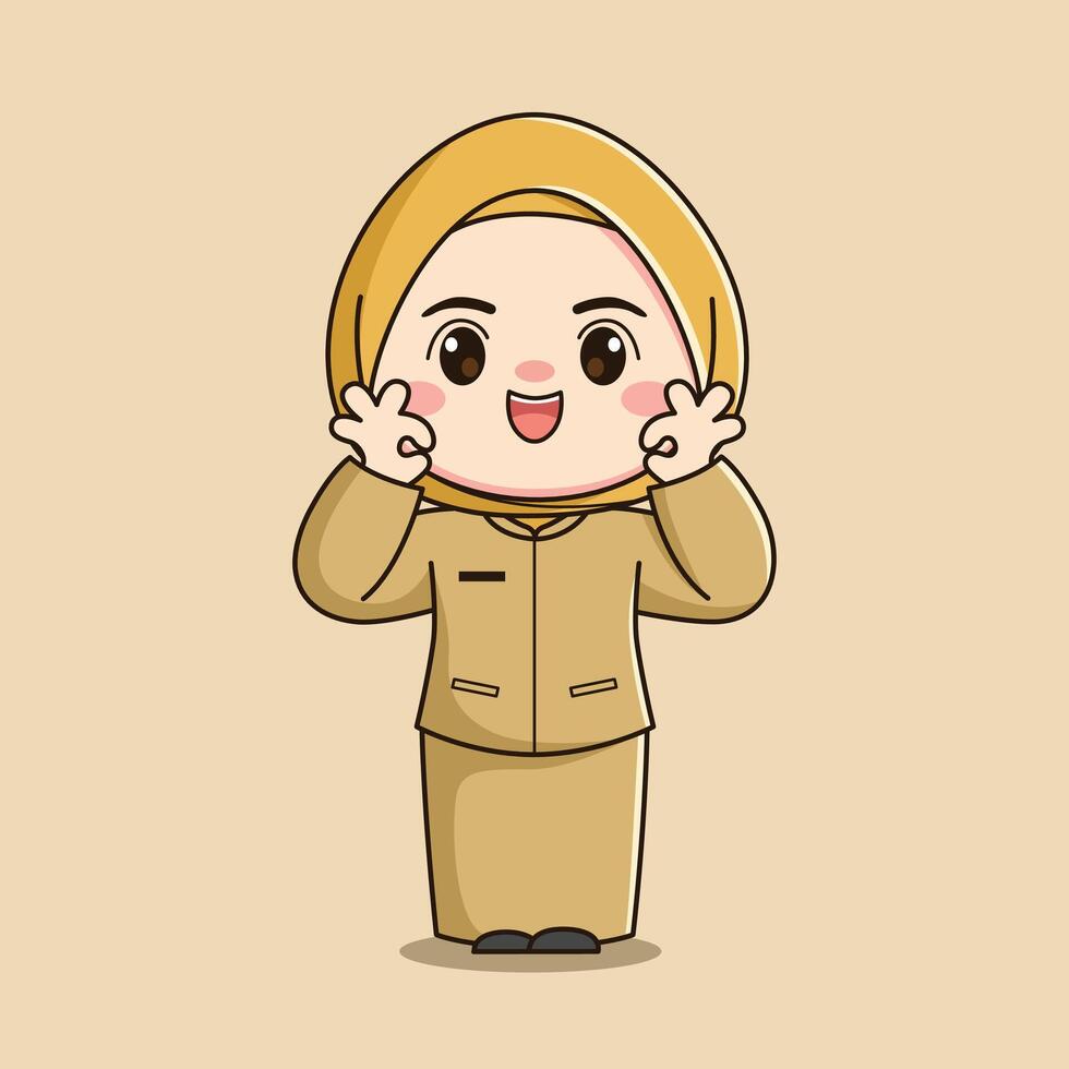 cute hijab teacher character with both hands ok vector