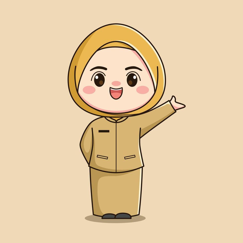 cute hijab teacher character with one hand pointing up vector