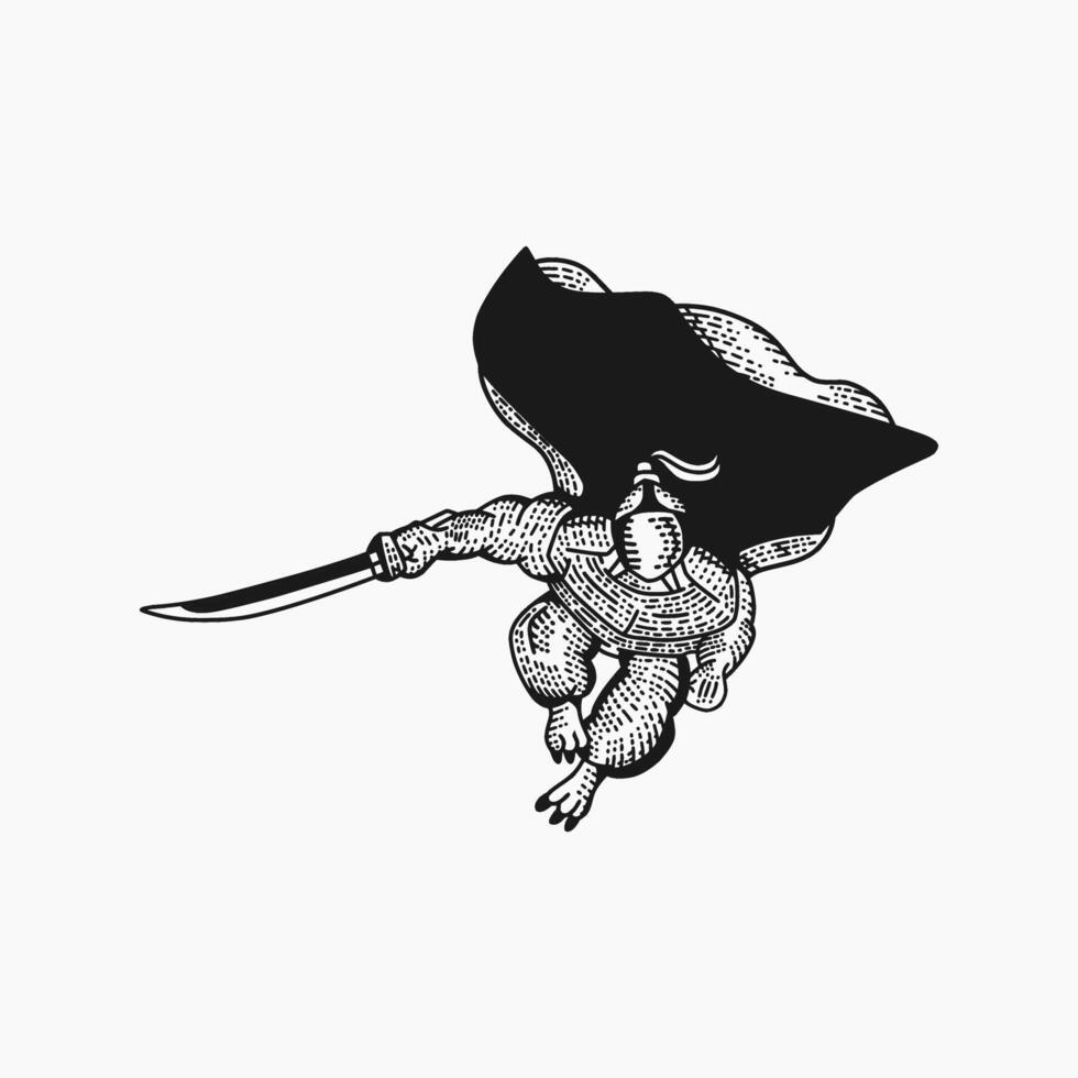 The engraving depicts a knight in full armor, his sword raised high, ready to strike with a holy blade. vector