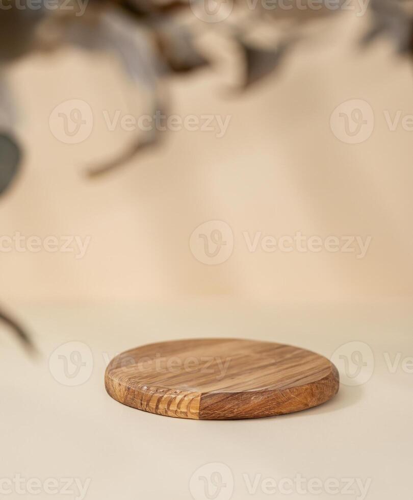 Wooden Round Board with Shadows and Leaves on Beige Background - Product Presentation or Display Concept photo