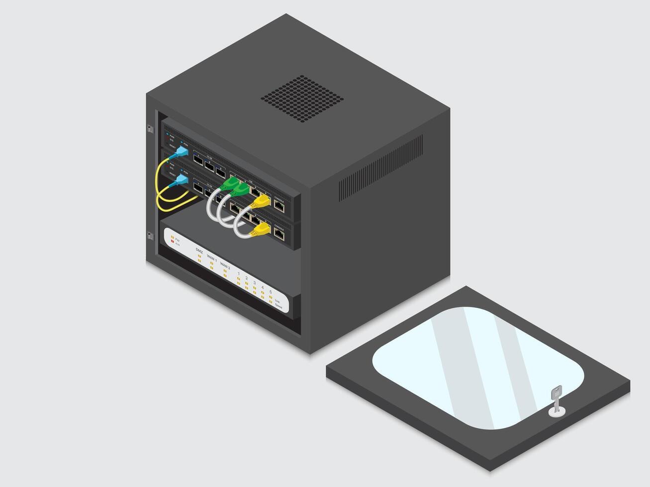 Network cabinets and switch hubs are ready to install. Fiber Optic cables and UTP Network cables. vector