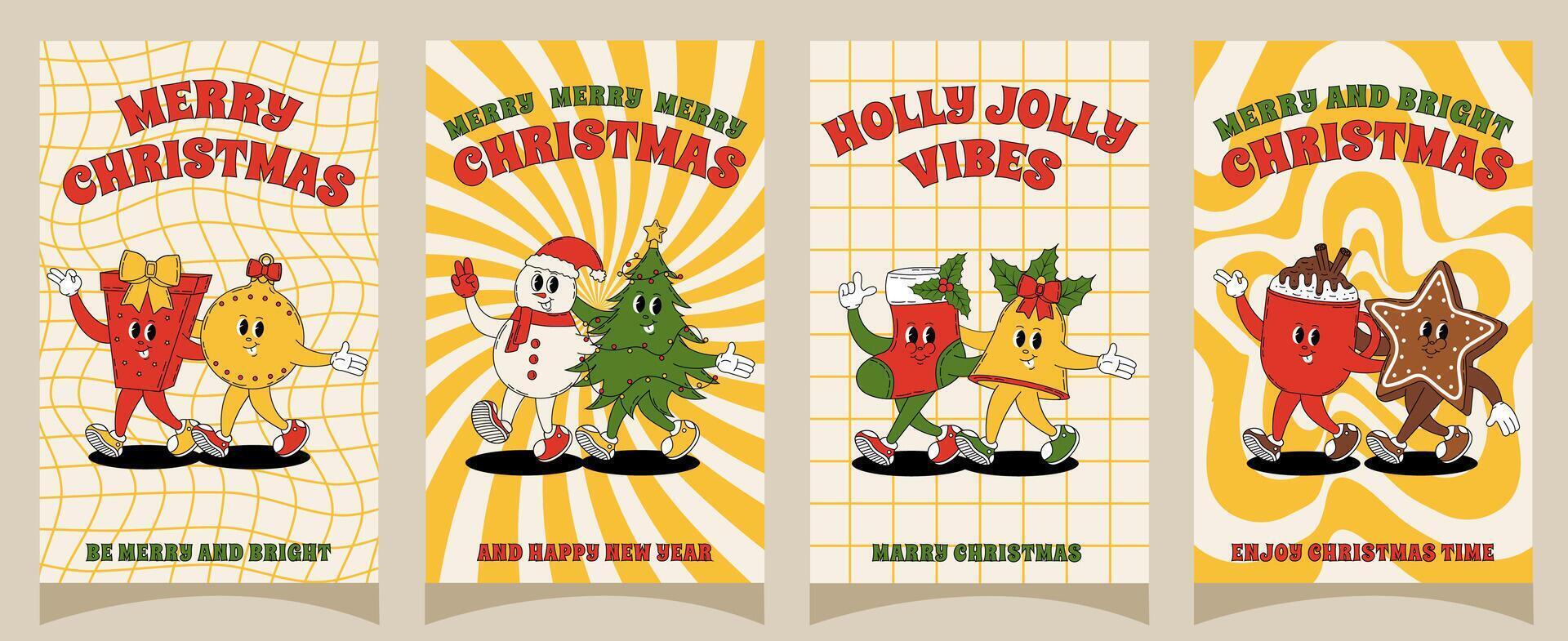 Groovy retro Merry Christmas and Happy New year posters. Set of christmas characters for posters, party invitations, greeting cards, stories template, postcard, prints in groovy style. vector