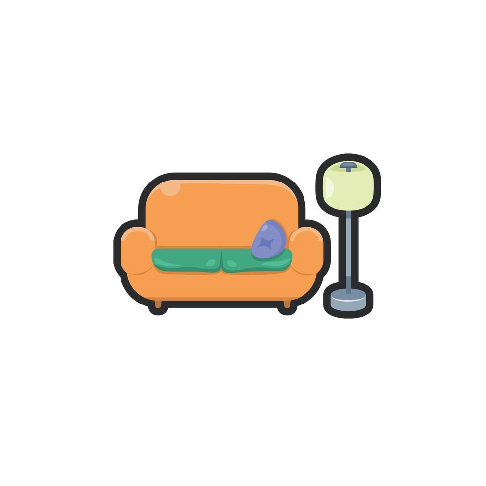 sofa chair and standing lamp in outline flat design. vector