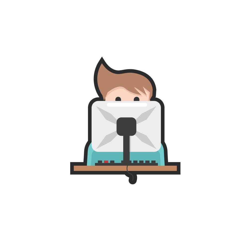 young man in front of computer in outline flat design. vector