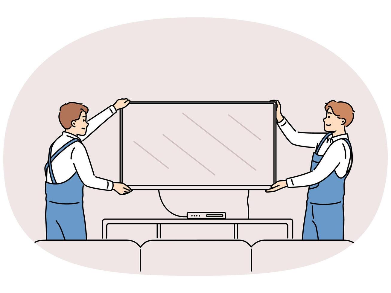 Smiling workers install TV set at home vector