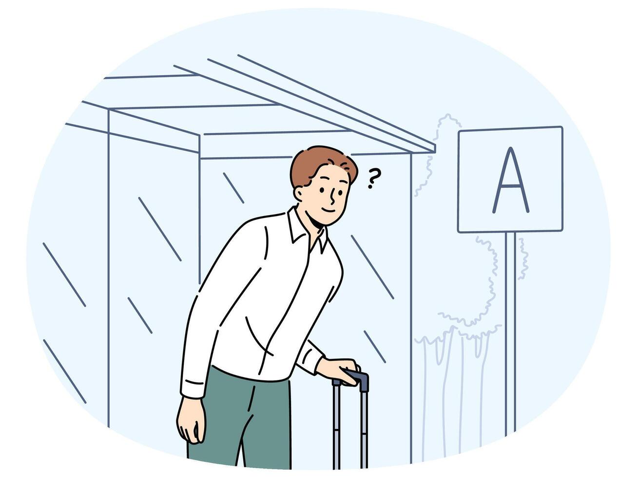 Frustrated male traveler wait on bus stop vector