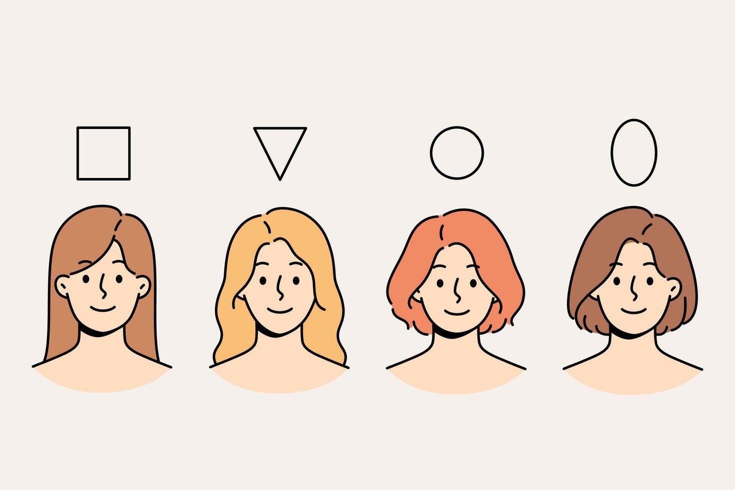 Women with different face shapes smile, near shapes of triangle and square and circle with oval vector
