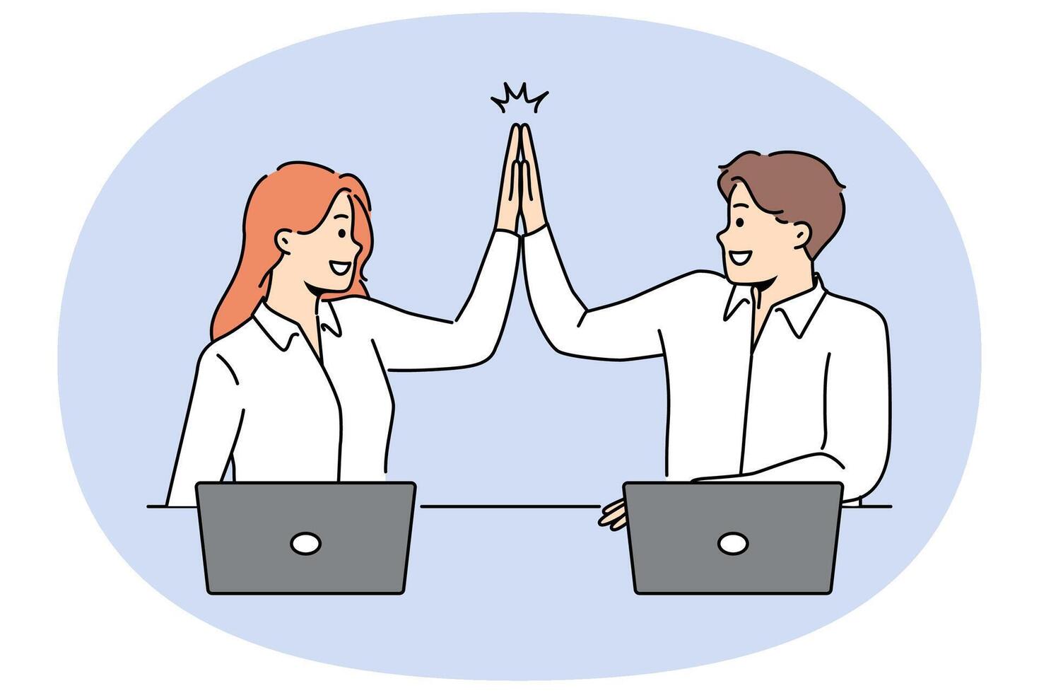 Smiling colleagues give high five working together vector
