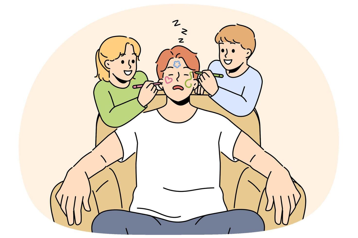 Naughty smiling children draw on sleeping father face vector
