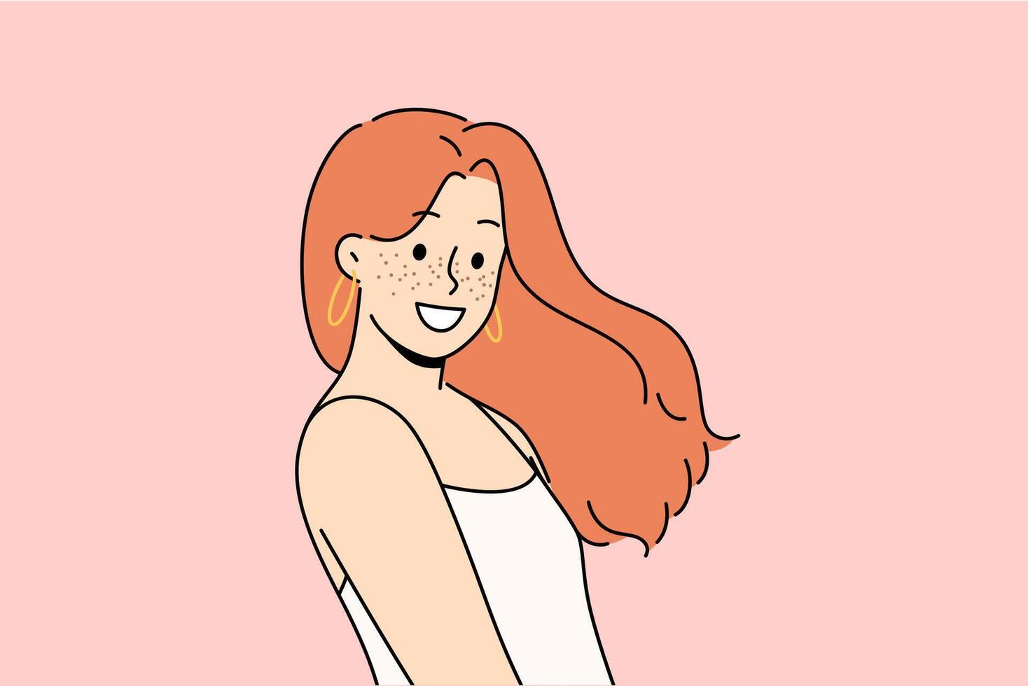 Attractive woman with freckles on face smiles and looks at screen demonstrating natural beauty vector