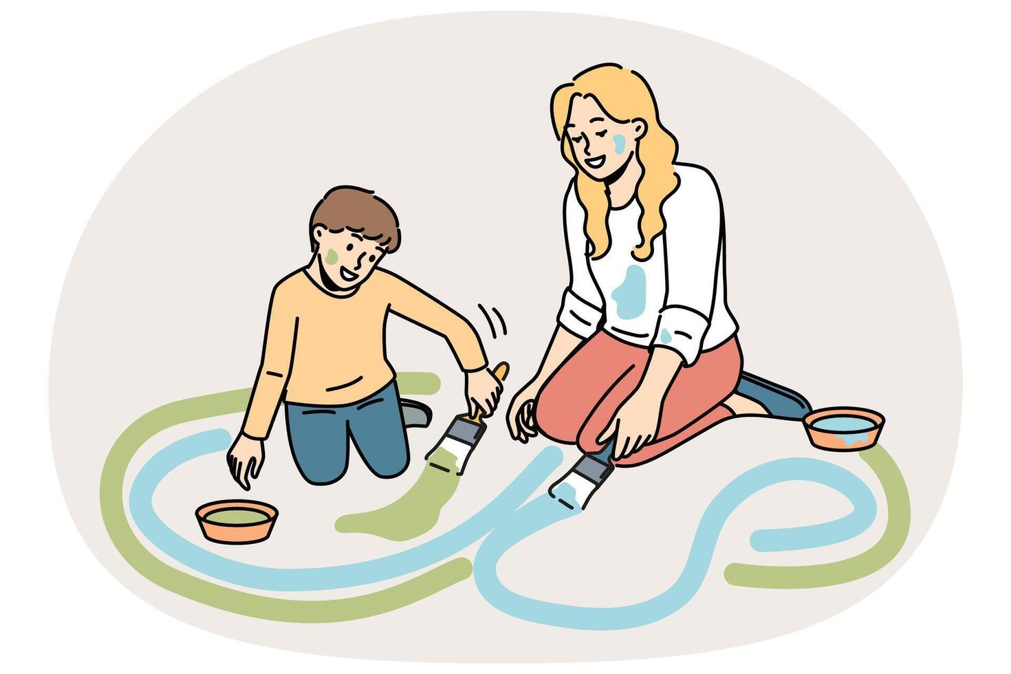 Smiling mother and son painting on ground vector
