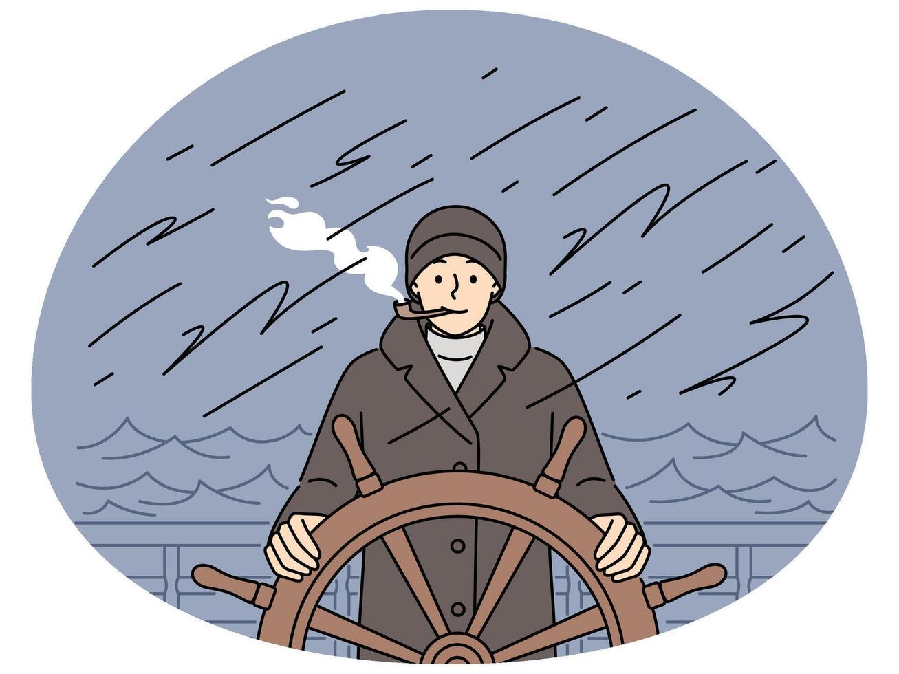 Captain at steering wheel on ship in storm vector