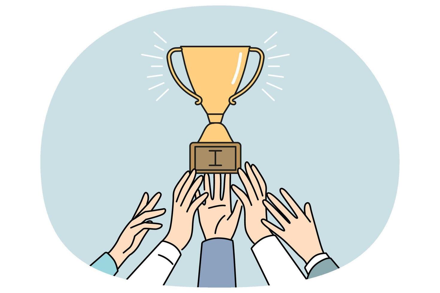Businesspeople hands strive for golden trophy vector