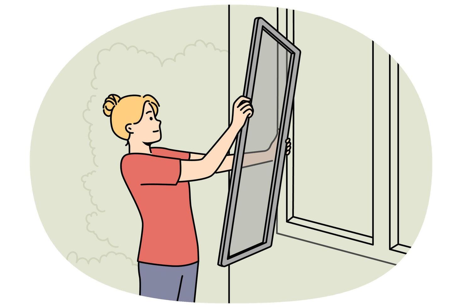 Woman put insect protection screen on window vector