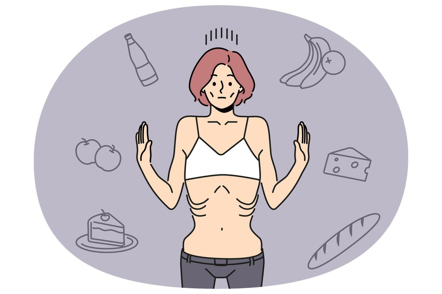 Skinny woman refuse to eat suffer from anorexia vector
