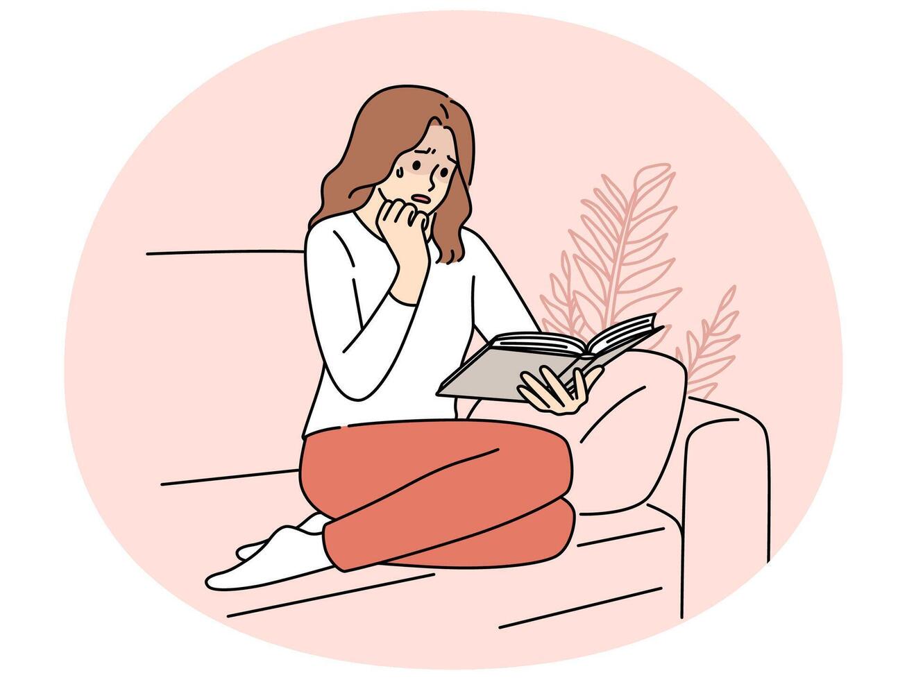 Woman sit on couch read book crying vector