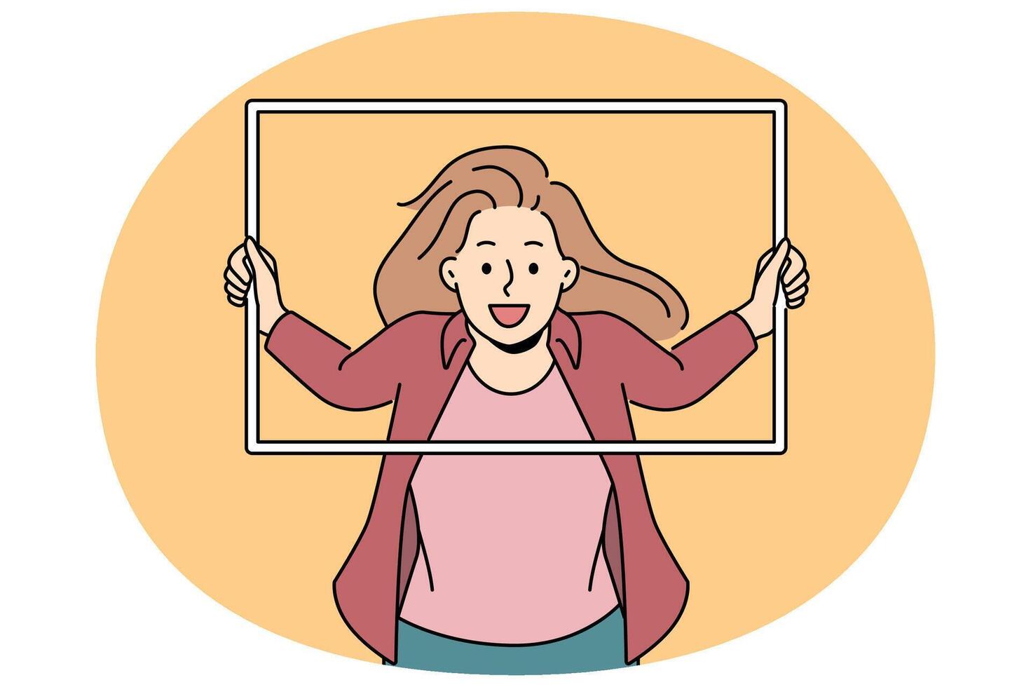 Smiling woman posing put head in empty frame vector