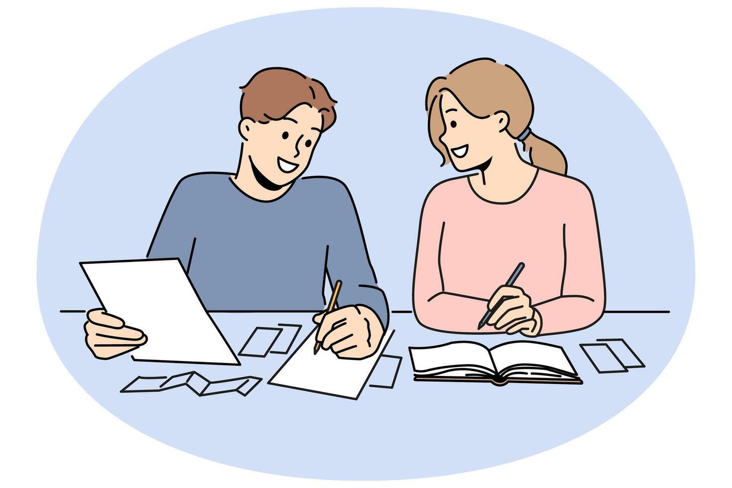 Smiling couple sit at desk managing finances vector