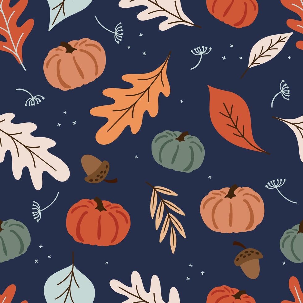 Autumn seamless pattern with colorful pumpkins, forest leaves, and acorn. vector