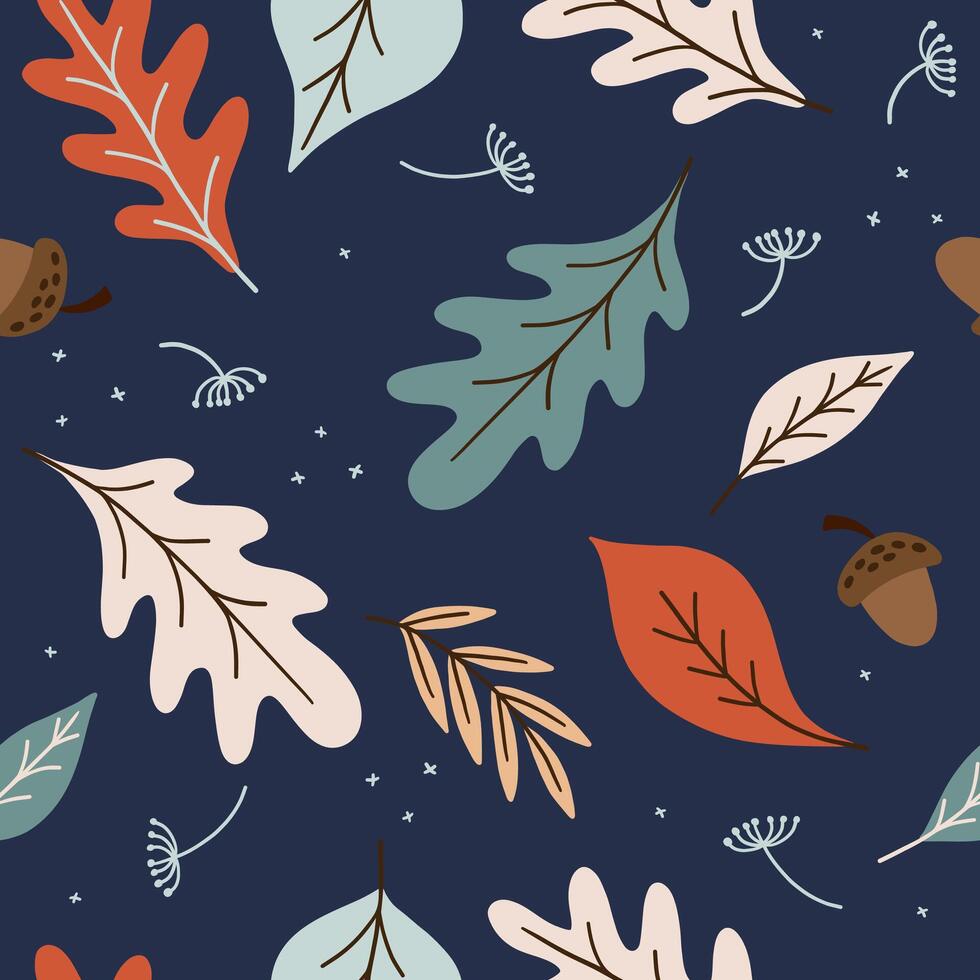 Autumn seamless pattern with colorful leaves, and acorn. vector