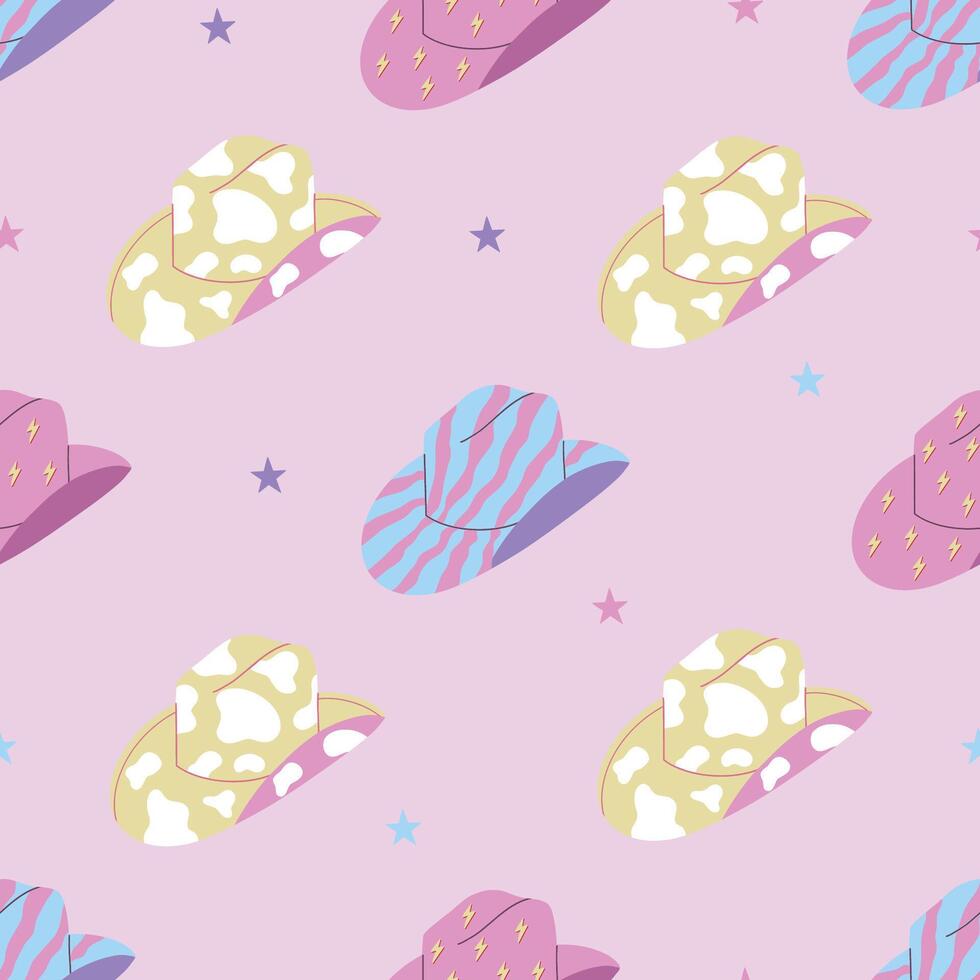 Seamless pattern with cowboy hats with cow print, stars. Cowgirl print. Wild west, western desert. Hand drawn background vector
