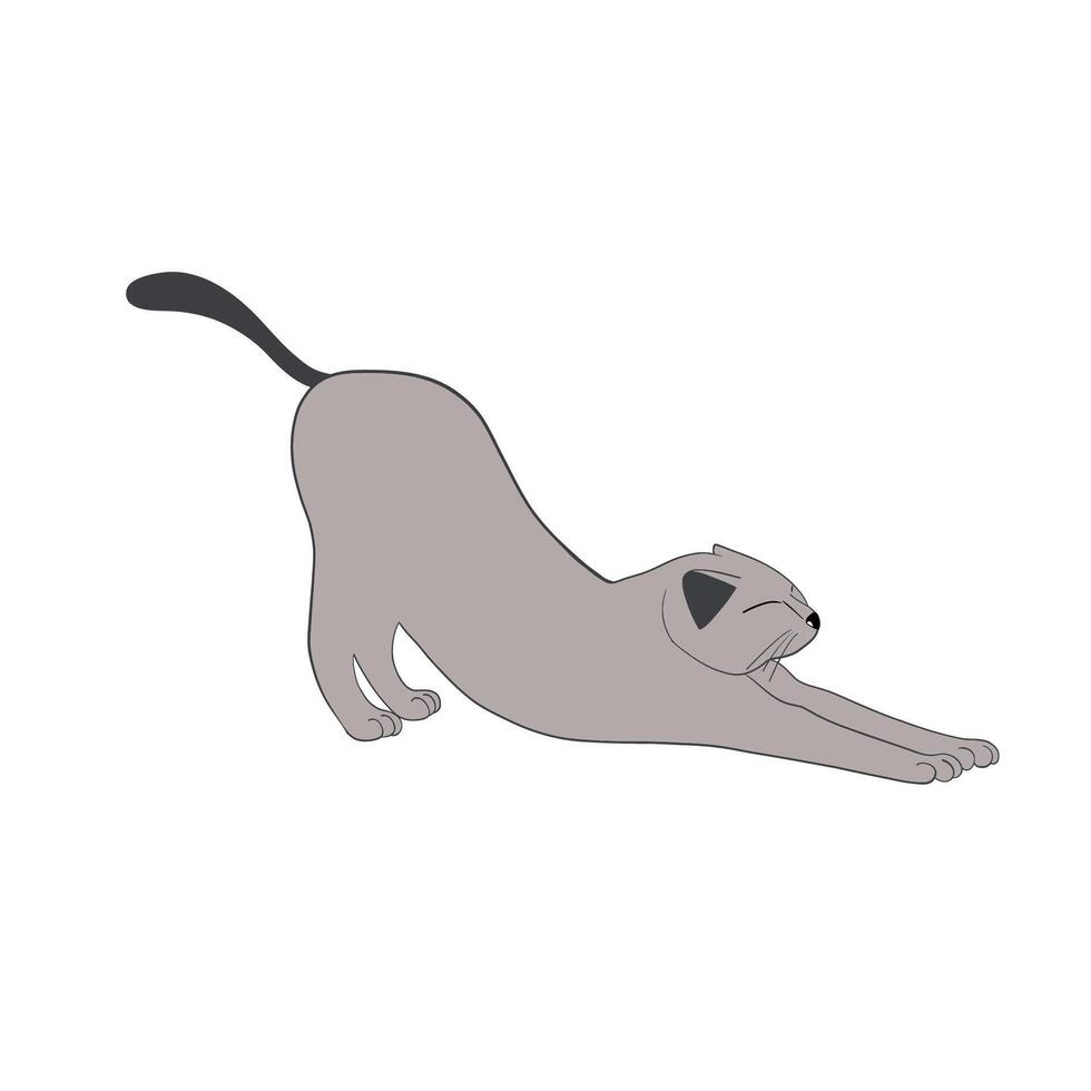 Gray cat stretches after sleep. Cat character. Cute pet. Lovely kitten. Hand drawn illustration vector