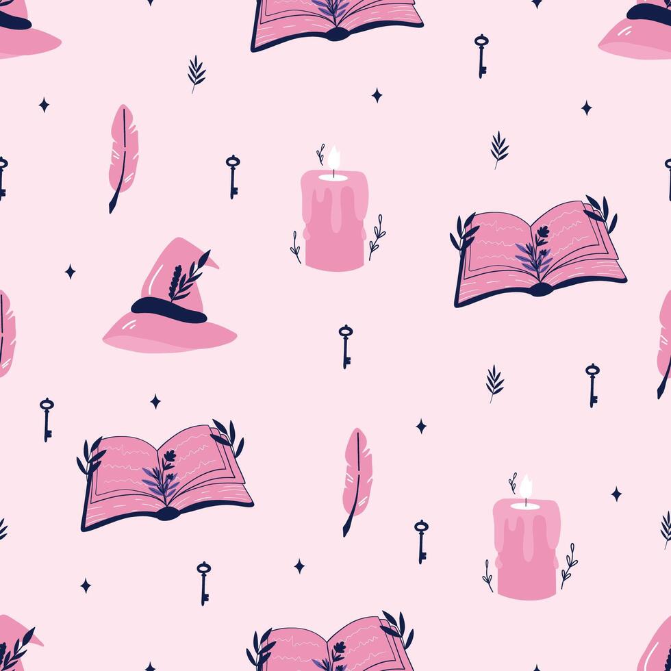 Witchcraft collection seamless pattern. Magic book, witch hat, candle. Halloween design. Hand drawn illustration vector